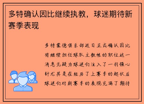 多特确认因比继续执教，球迷期待新赛季表现